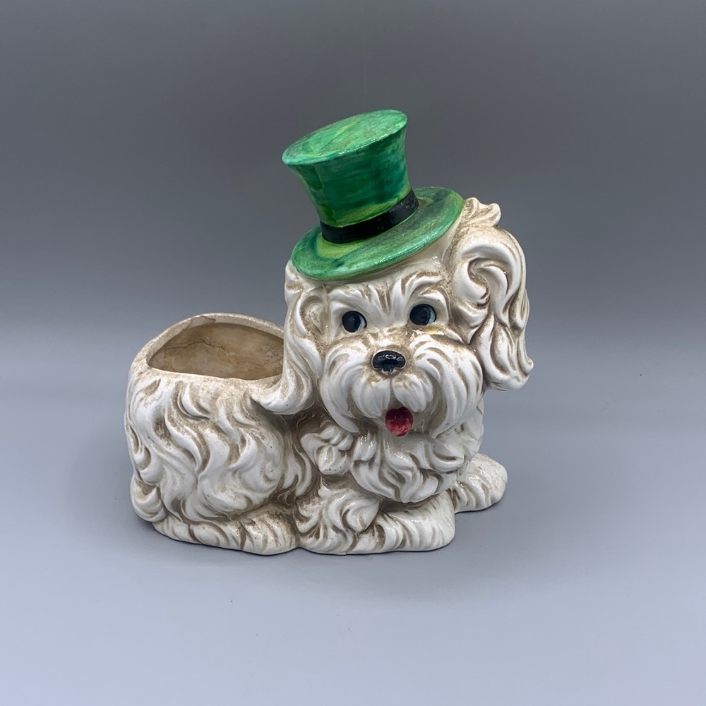 Vintage Ceramic Relpo 6087 Shaggy White Dog Planter Green Top Hat